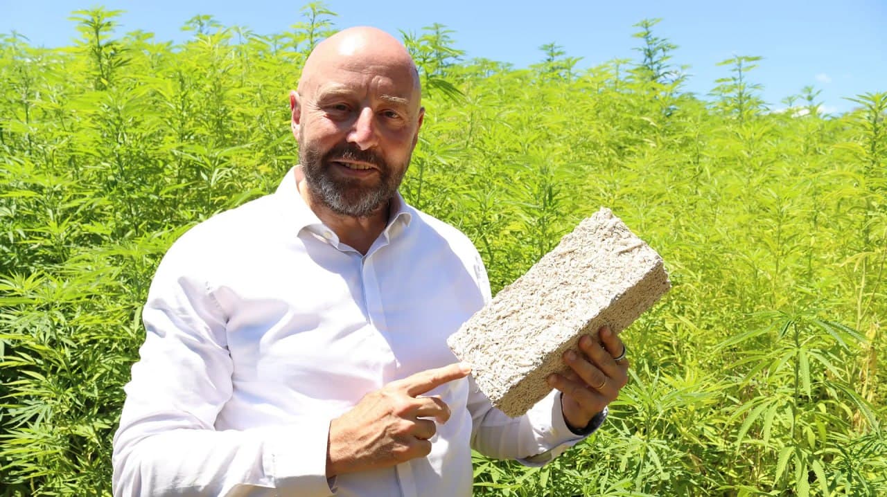 Brian Walker holding a hempcrete block in a hemp crop