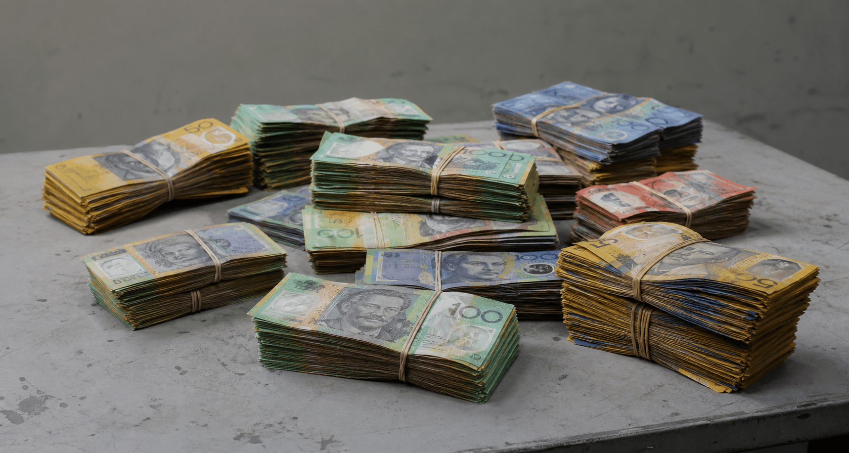 Stacks of scruffy Australian cash on an evidence-room table