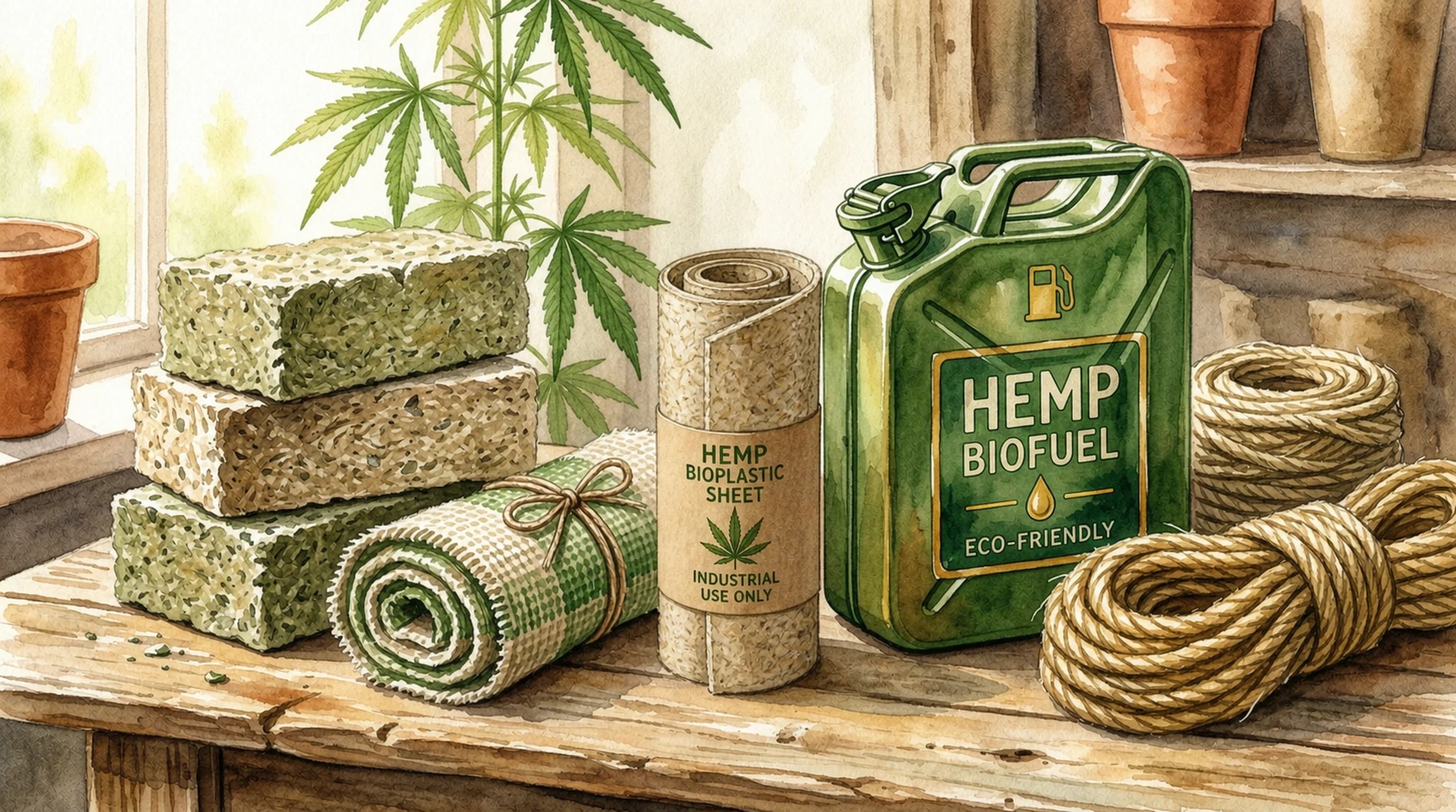 Collection of hemp-derived products including construction materials, textiles, and biofuel