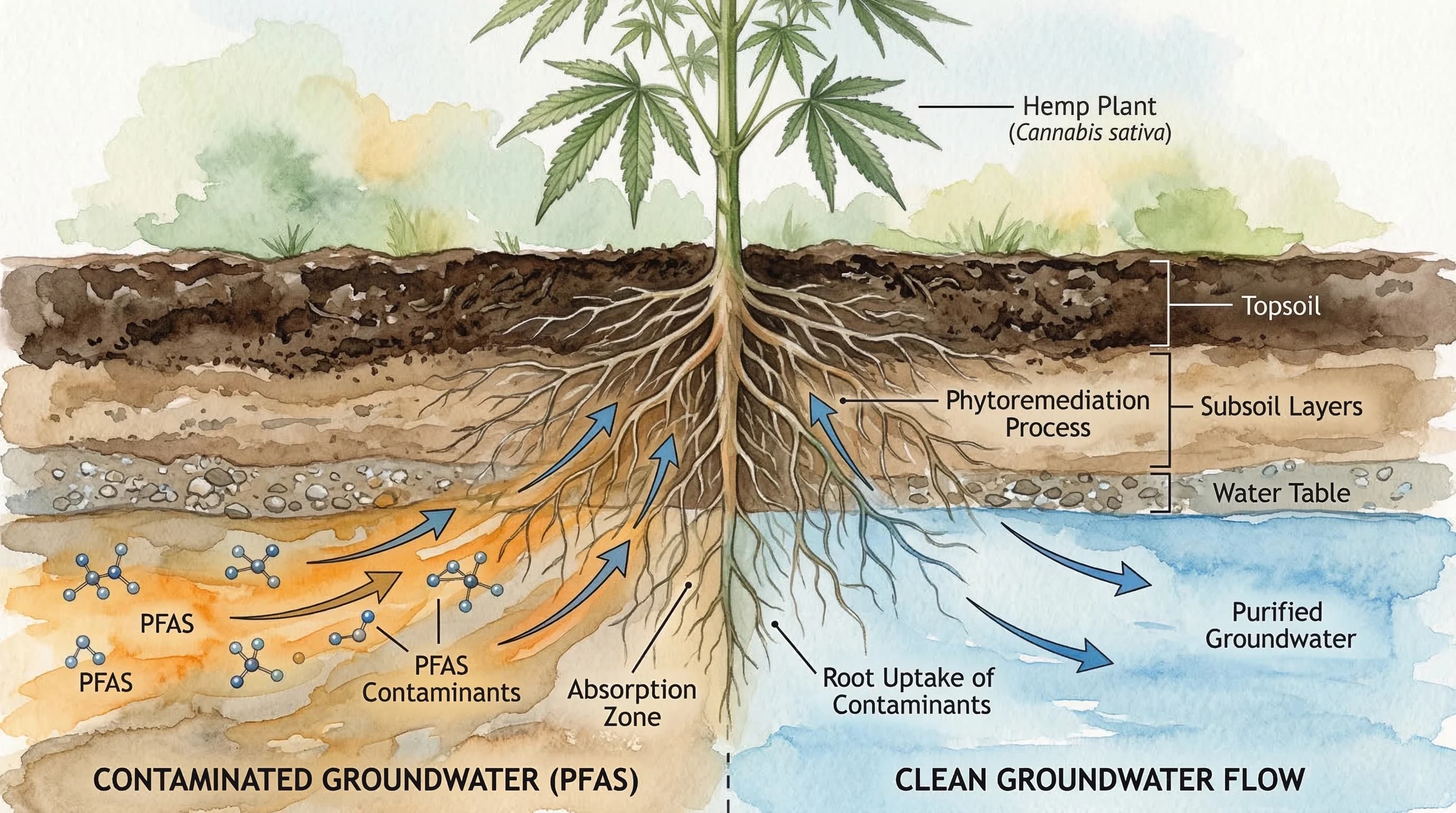 Cross-section showing hemp roots absorbing contaminants from soil, protecting waterways