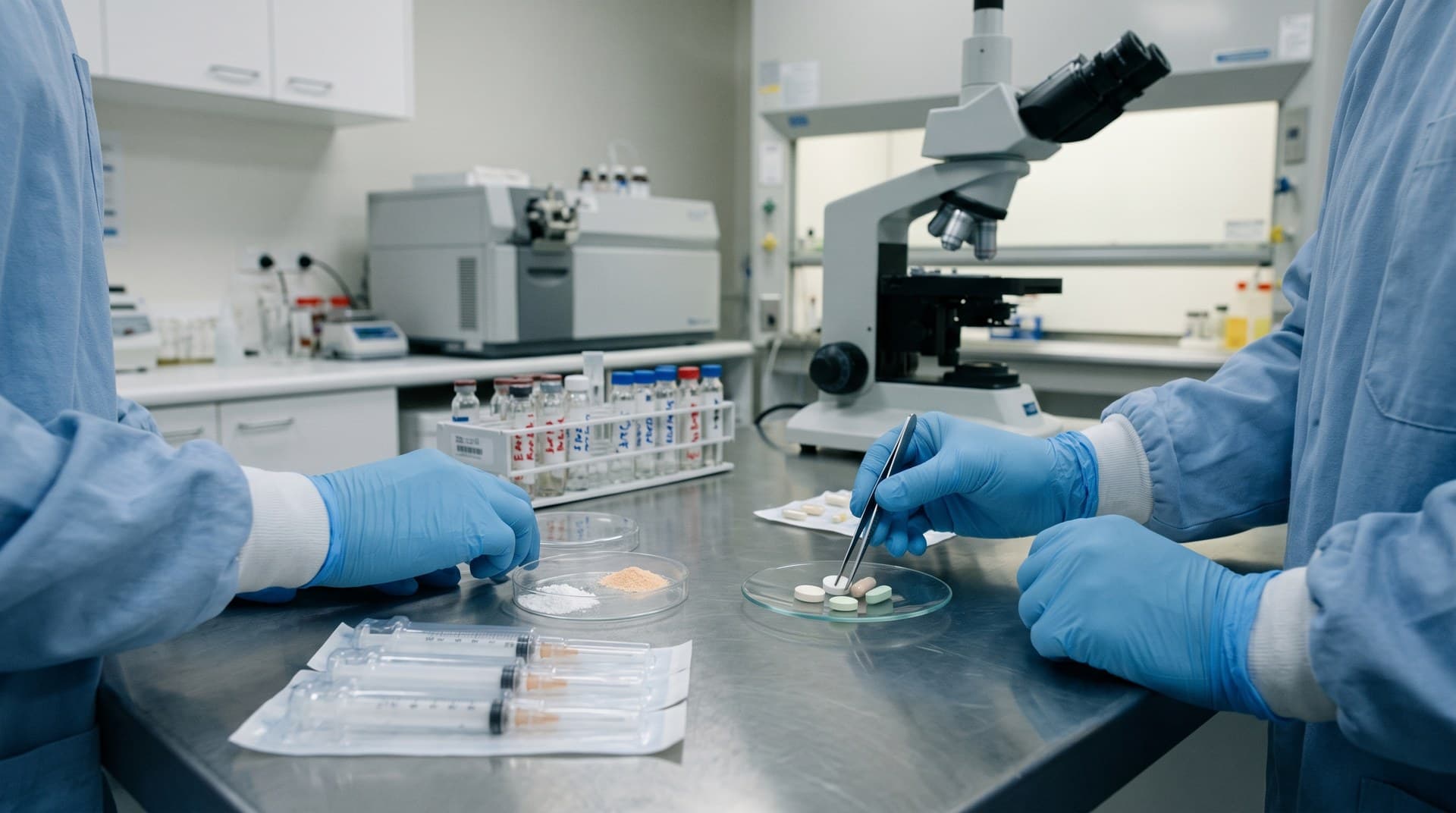 Gloved clinicians examining anonymous drug samples in a laboratory