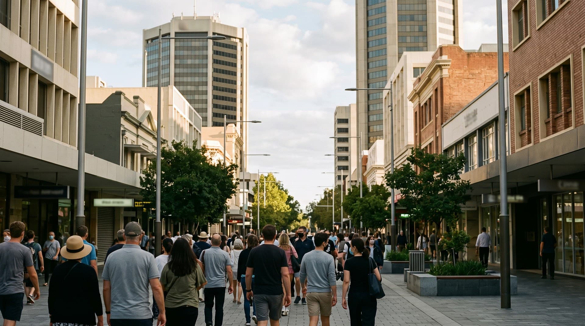 An anonymous crowd walking through Perth CBD