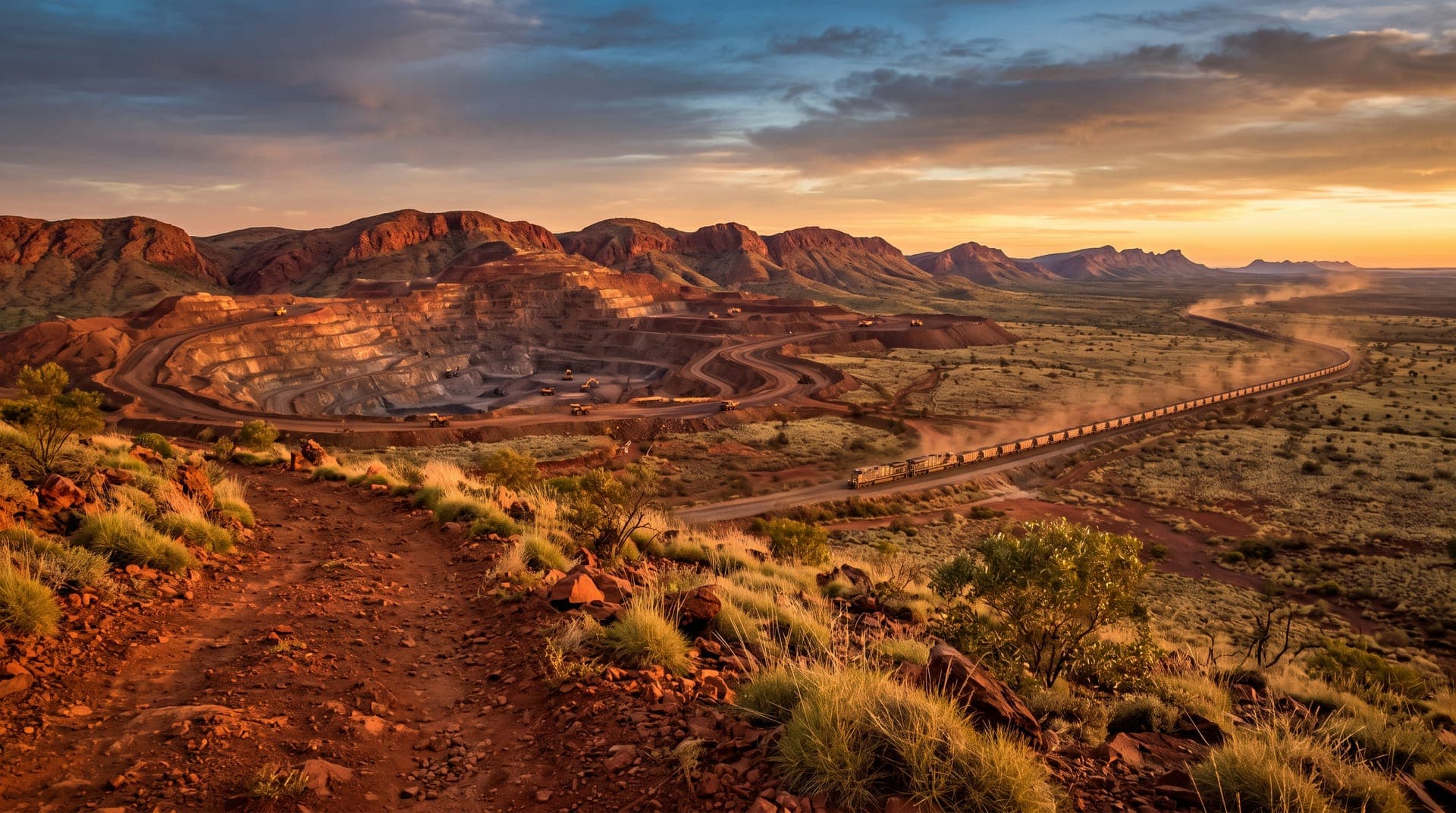 Pilbara iron ore mine and ore train at sunset