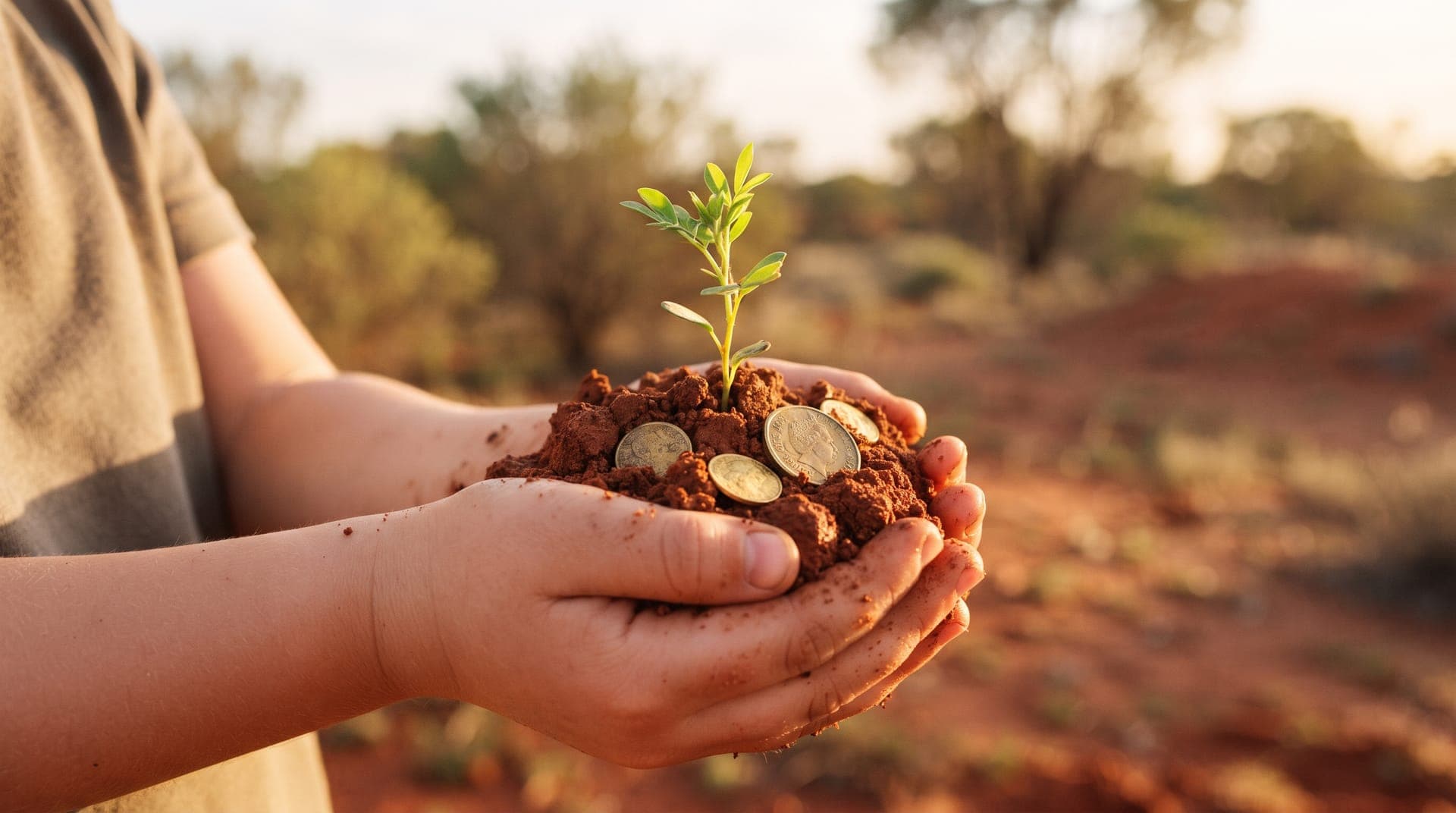 A child's hands holding red earth with a seedling growing among coins