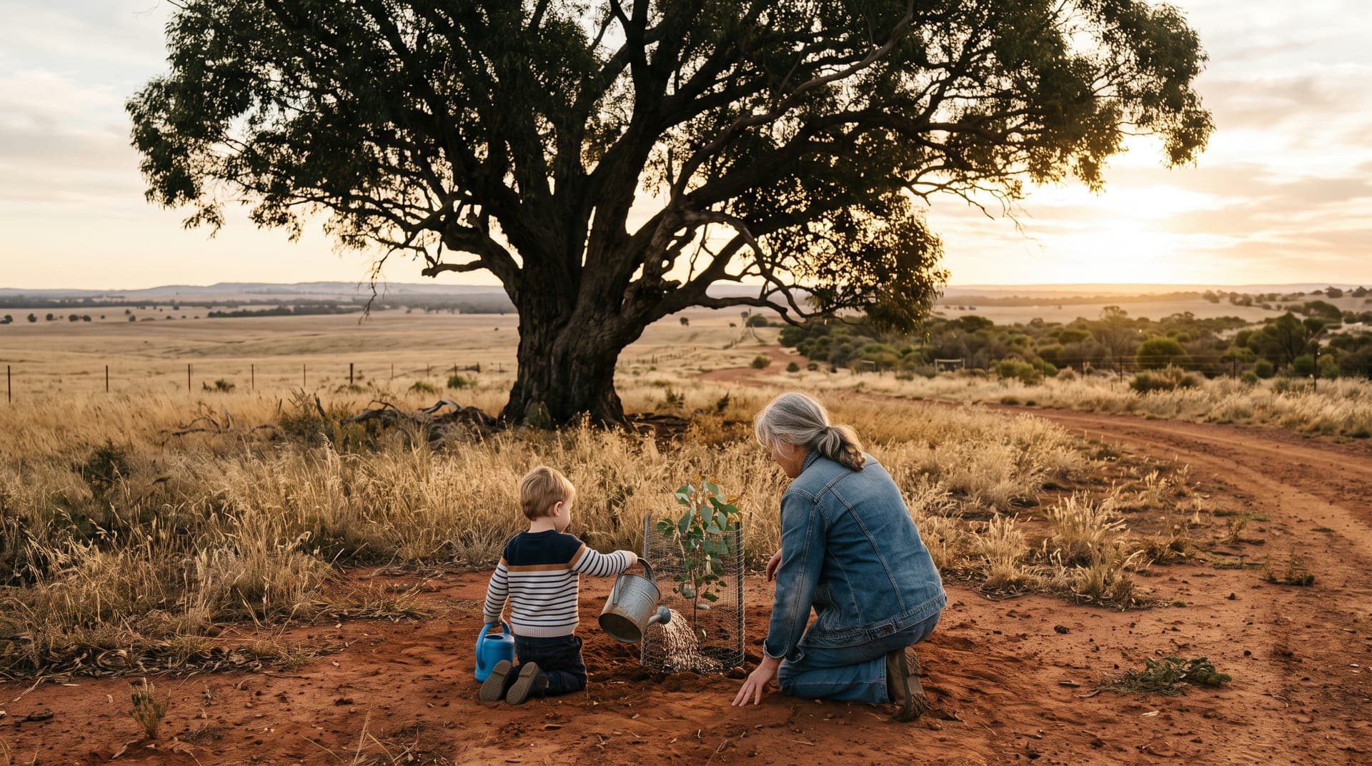 A grandmother and child watering a young tree beneath a large old gum tree